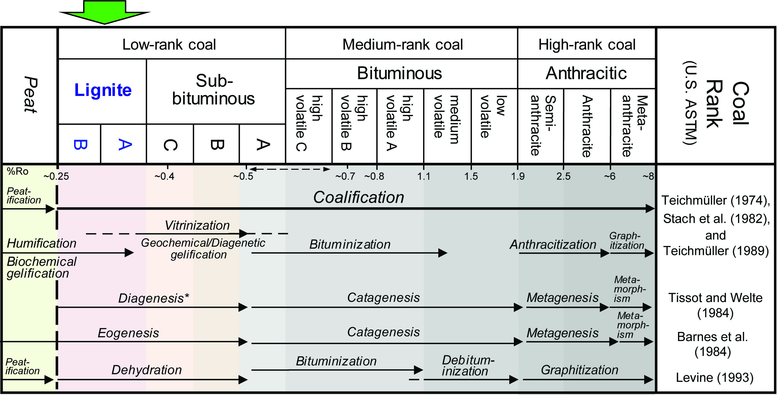Stages of coalification cited in different reports relative to their approximate U.S. coal rank. The term diagenesis was used by Tissot and Welte (1984) for the initial stages of coalification but it has also been used for the entire coalification process. %Ro= Vitrinite reflectance in oil. %Ro data from Teichmüller and Teichmüller (1982). In the U.S. rank system, vitrinite reflectance values overlap between subbituminous A and high volatile bituminous C ranks, which is shown here as a dashed line.